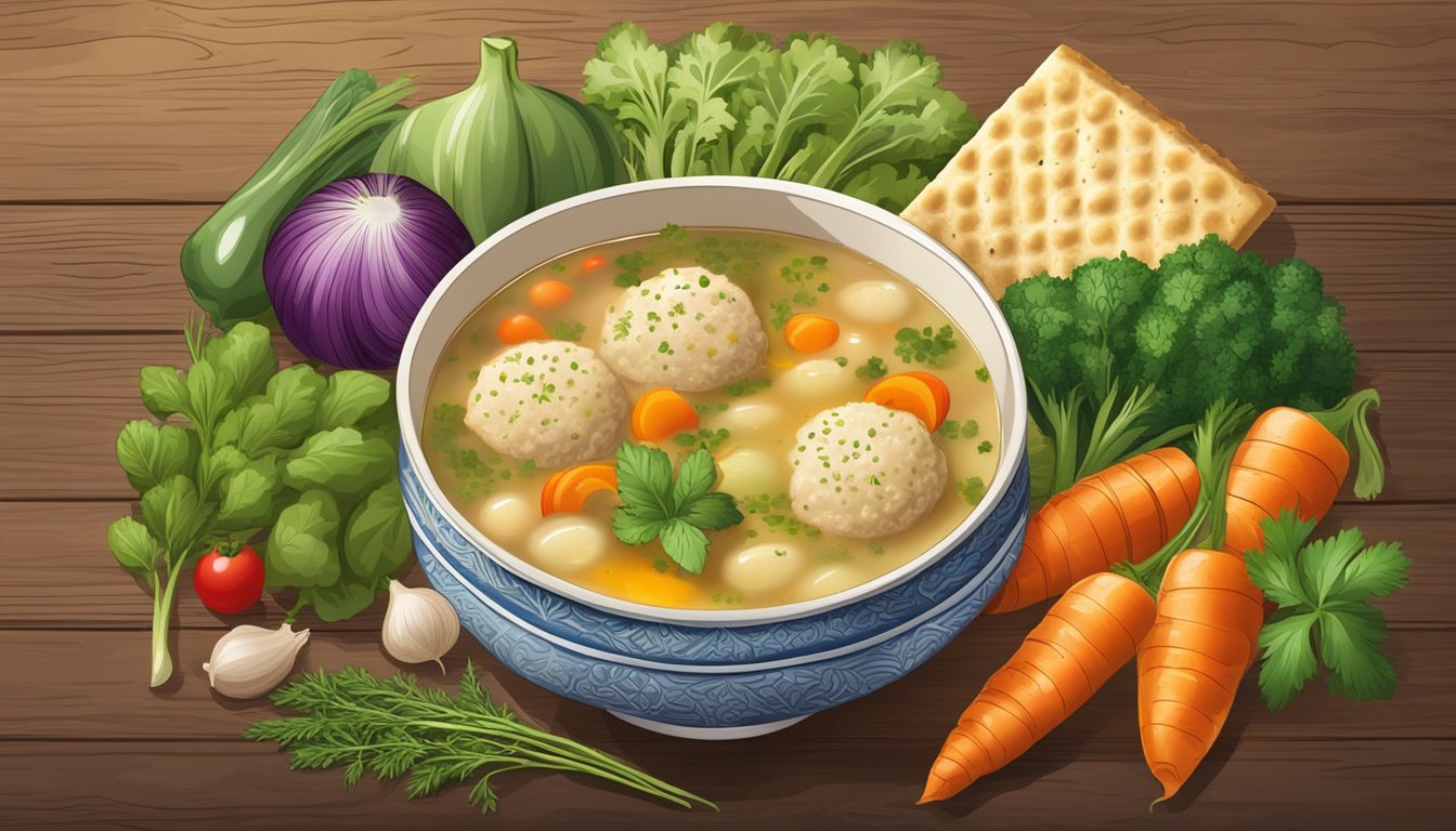 A steaming bowl of matzo ball soup sits on a rustic wooden table, surrounded by a colorful array of fresh vegetables and herbs