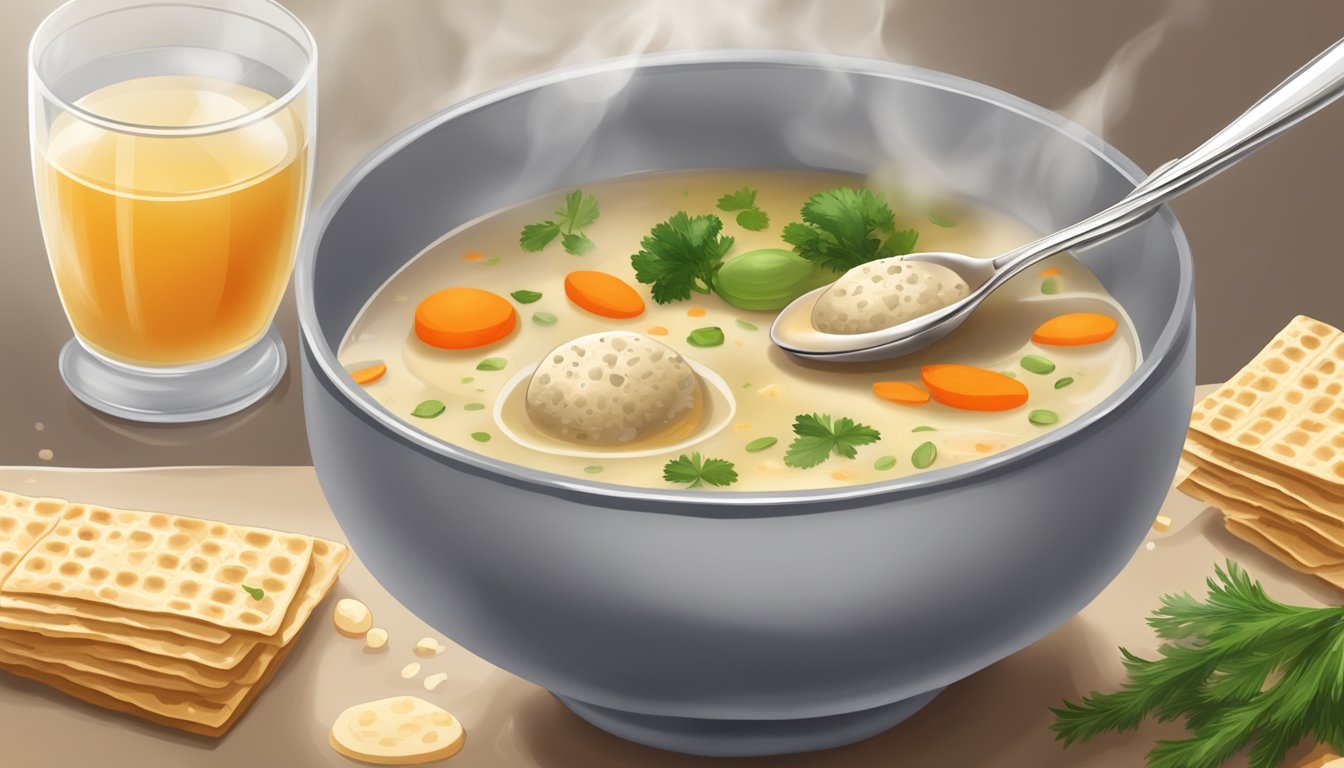 A spoon hovers over a steaming bowl of matzo ball soup, ready to scoop up a perfectly round matzo ball surrounded by clear broth and tender carrots