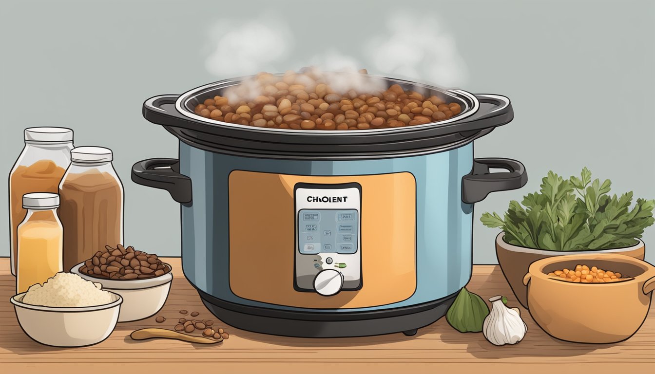 A steaming pot of cholent ingredients being layered and mixed in a slow cooker