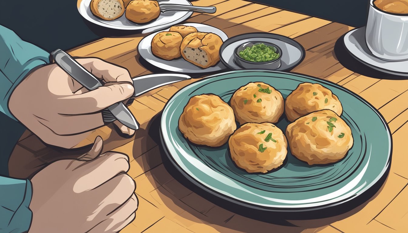 A table set with a plate of knish, a knife, and a fork. A person's hand reaching for a piece