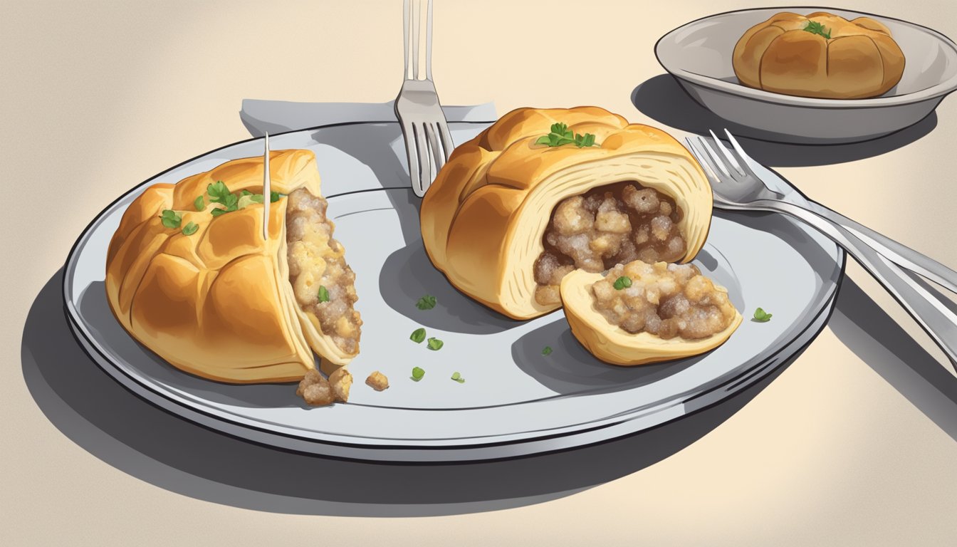 A knish sits on a plate, cut in half to reveal the filling. A fork hovers nearby, ready to take a bite