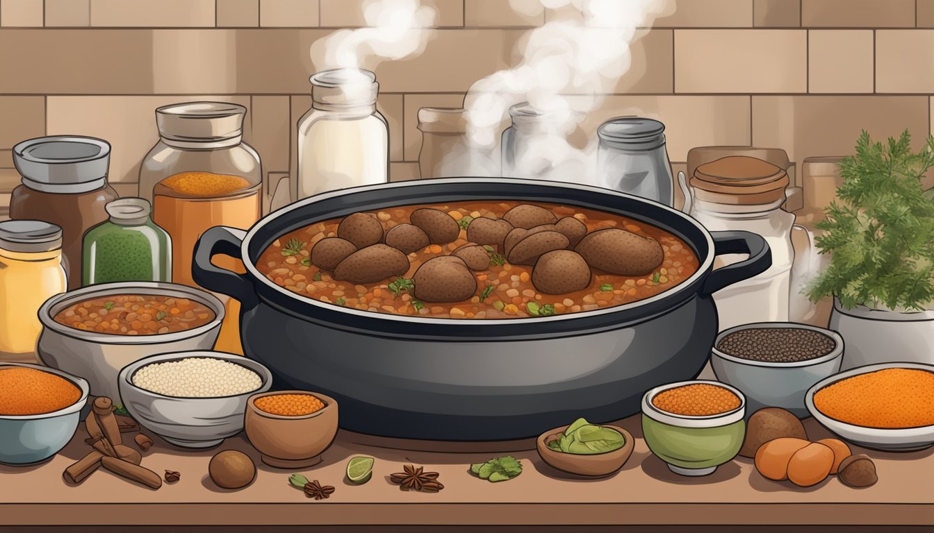 A steaming pot of cholent surrounded by various spices and condiments on a kitchen table