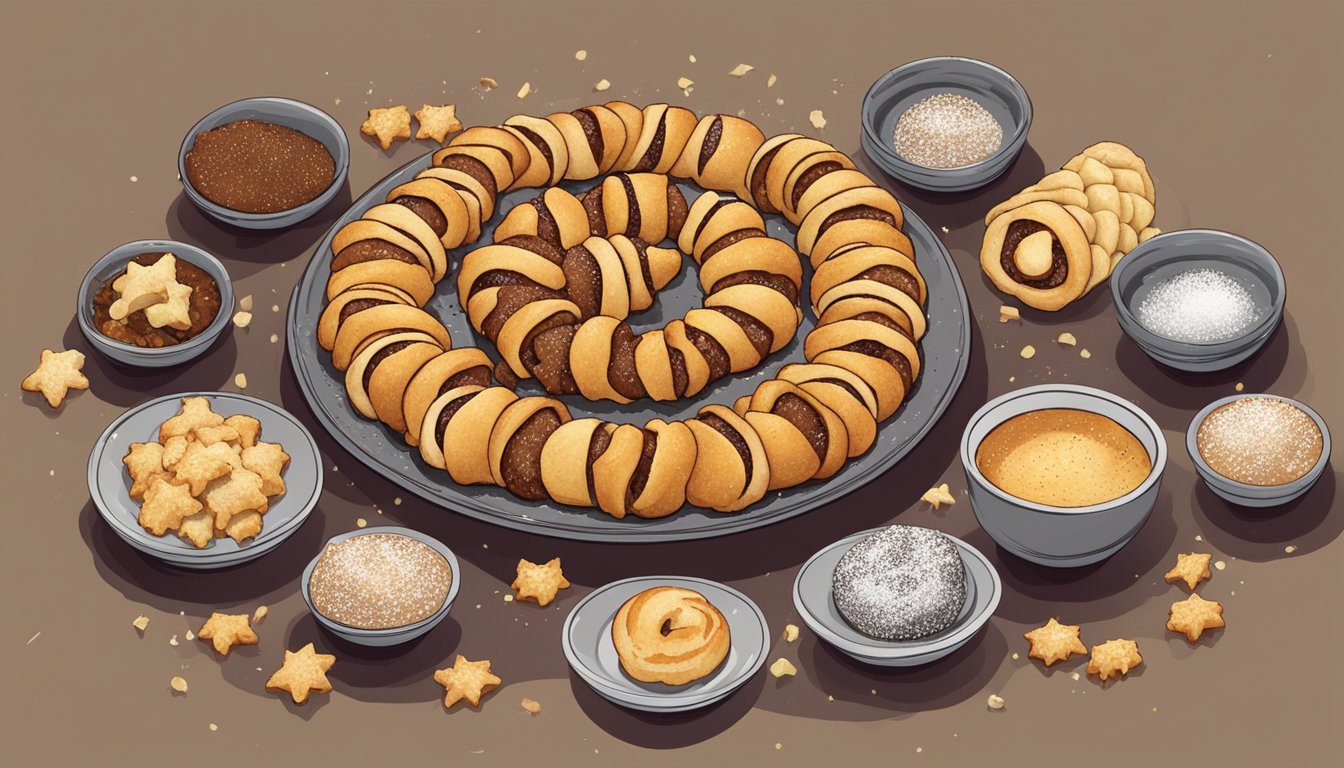 A plate of rugelach arranged in a circular pattern with a variety of fillings, surrounded by crumbs and small pastry flakes