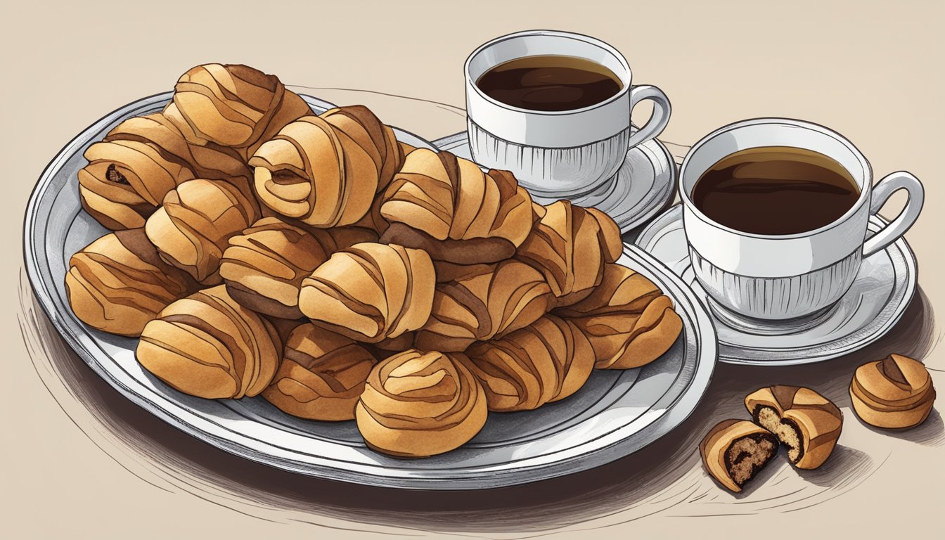 A plate of rugelach pastries arranged in a circular pattern, with a variety of fillings visible. A cup of hot tea sits nearby