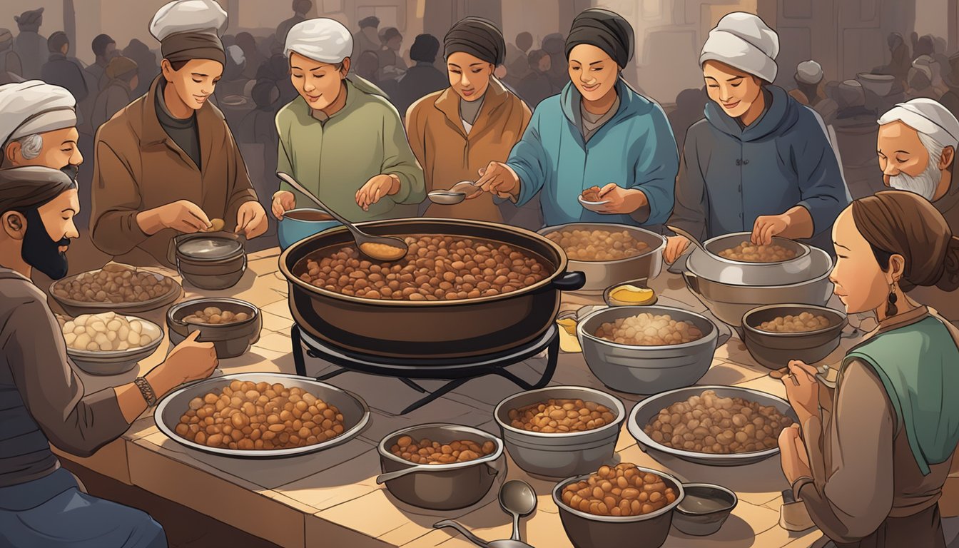 A steaming pot of cholent sits on a table, surrounded by bowls and spoons. People gather around, scooping out hearty servings and savoring each bite