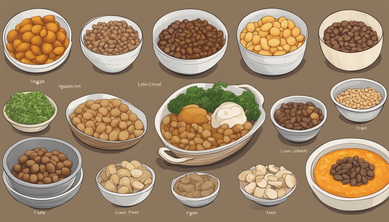 A table with different bowls of cholent, each labeled with specific dietary variations such as vegan, gluten-free, and low-carb