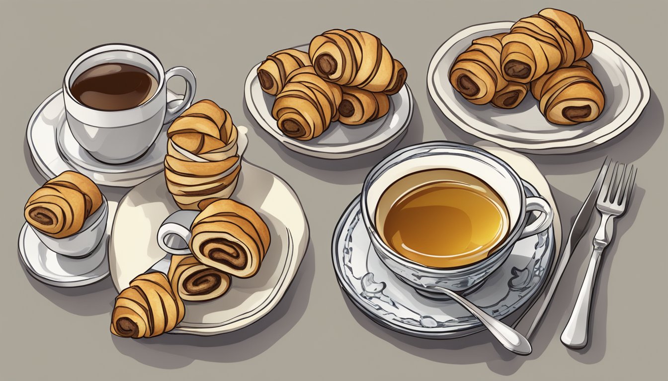 A table set with a plate of rugelach, a cup of tea, and a fork