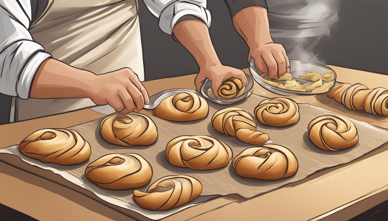 A baker rolls out dough and spreads filling, then cuts and rolls into rugelach shapes