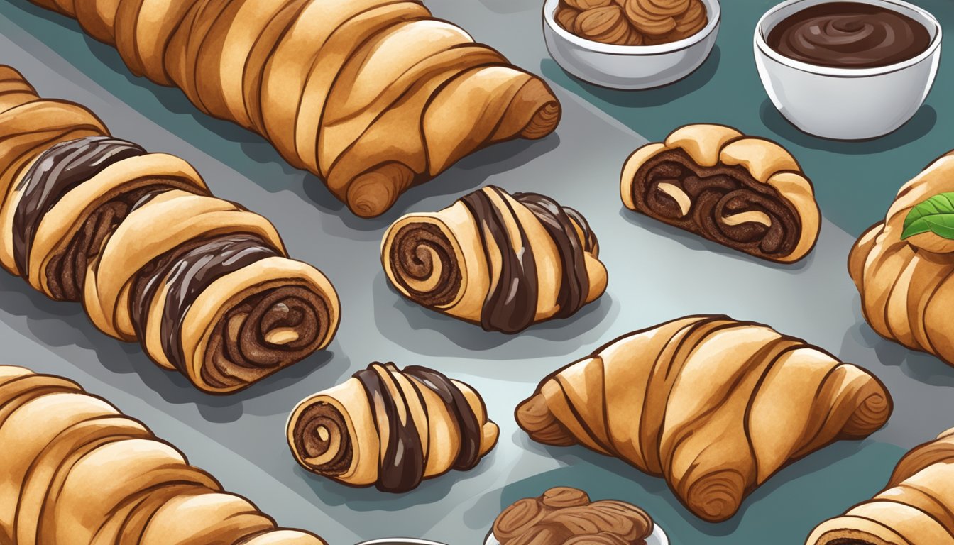 An array of freshly baked rugelach being filled with sweet fillings