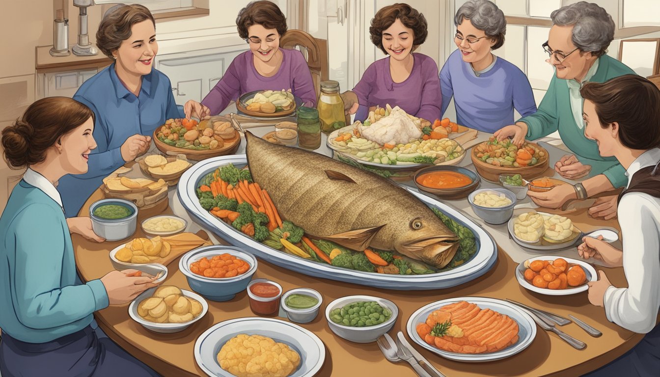 A family gathering around a table with a platter of gefilte fish and various condiments, demonstrating different ways of eating it