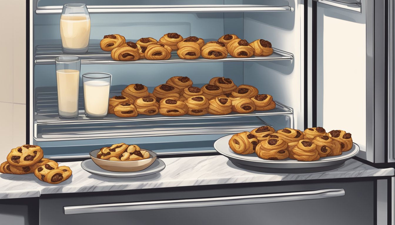 A plate of rugelach sits on a marble countertop next to a glass of milk. A refrigerator door is open, revealing shelves of various snacks and drinks