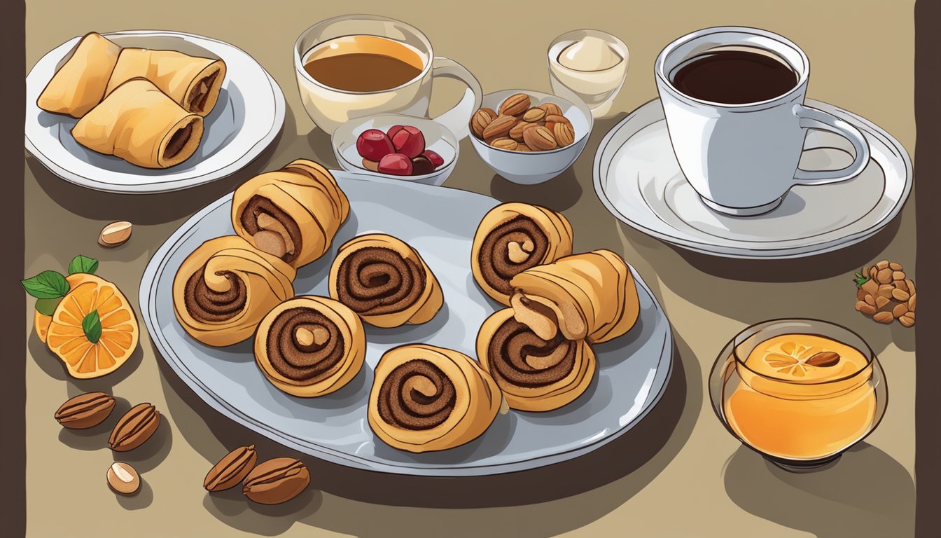 A plate of rugelach arranged with a variety of fruits and nuts, alongside a cup of tea