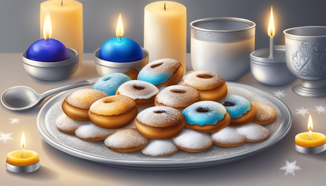 A plate of sufganiyot surrounded by candles and a menorah, with a small dish of powdered sugar and a spoon for sprinkling