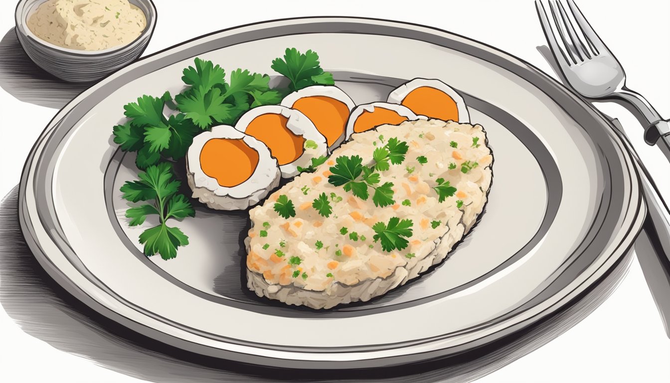 A plate of gefilte fish with a dollop of horseradish and a sprig of parsley, served on a white dish with a fork and knife beside it