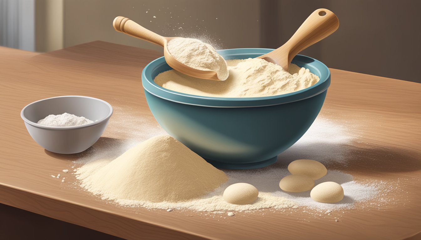 A bowl of dough being mixed with a wooden spoon, flour scattered on a countertop, and a rolling pin nearby