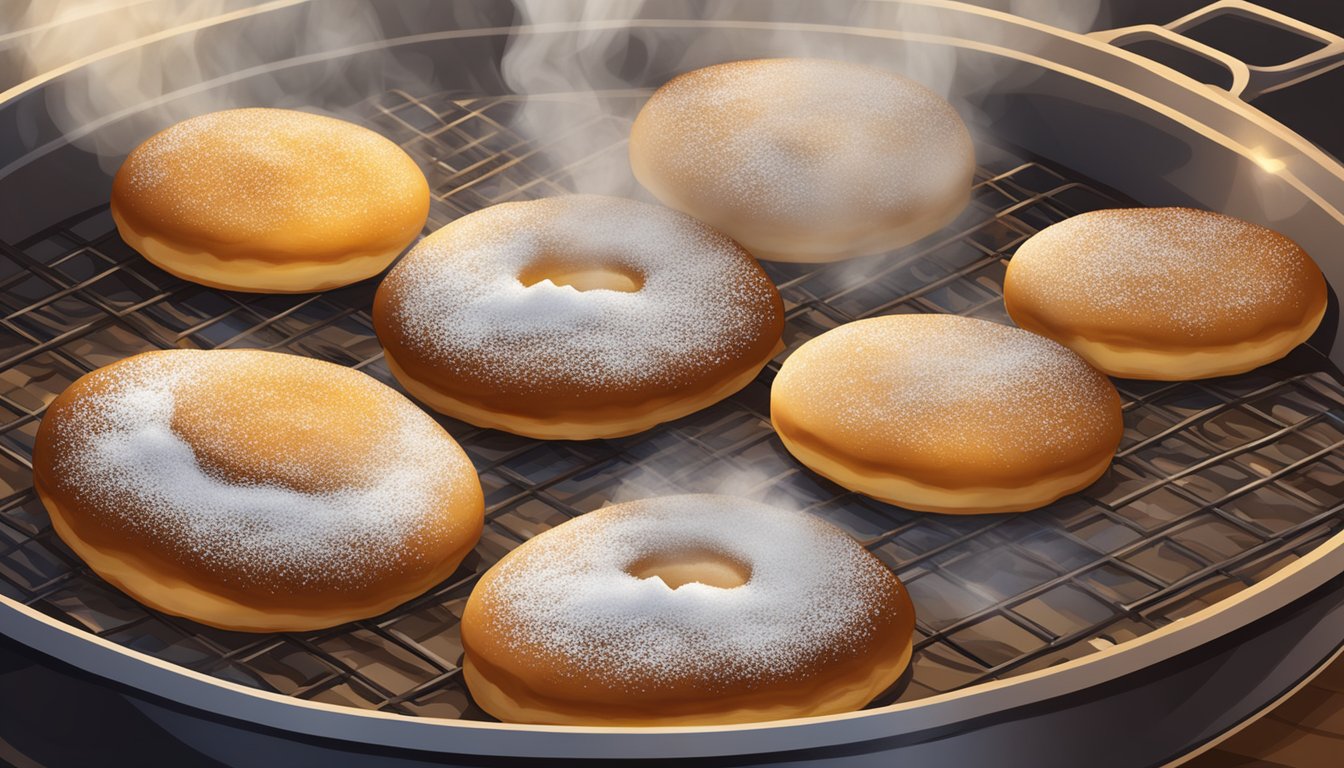 Sufganiyot frying in a sizzling hot pan, golden brown and perfectly puffed, with a sprinkle of powdered sugar on top