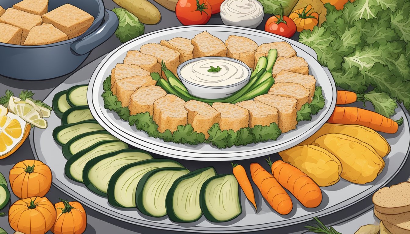 A plate with slices of gefilte fish surrounded by colorful vegetables and a side of horseradish sauce