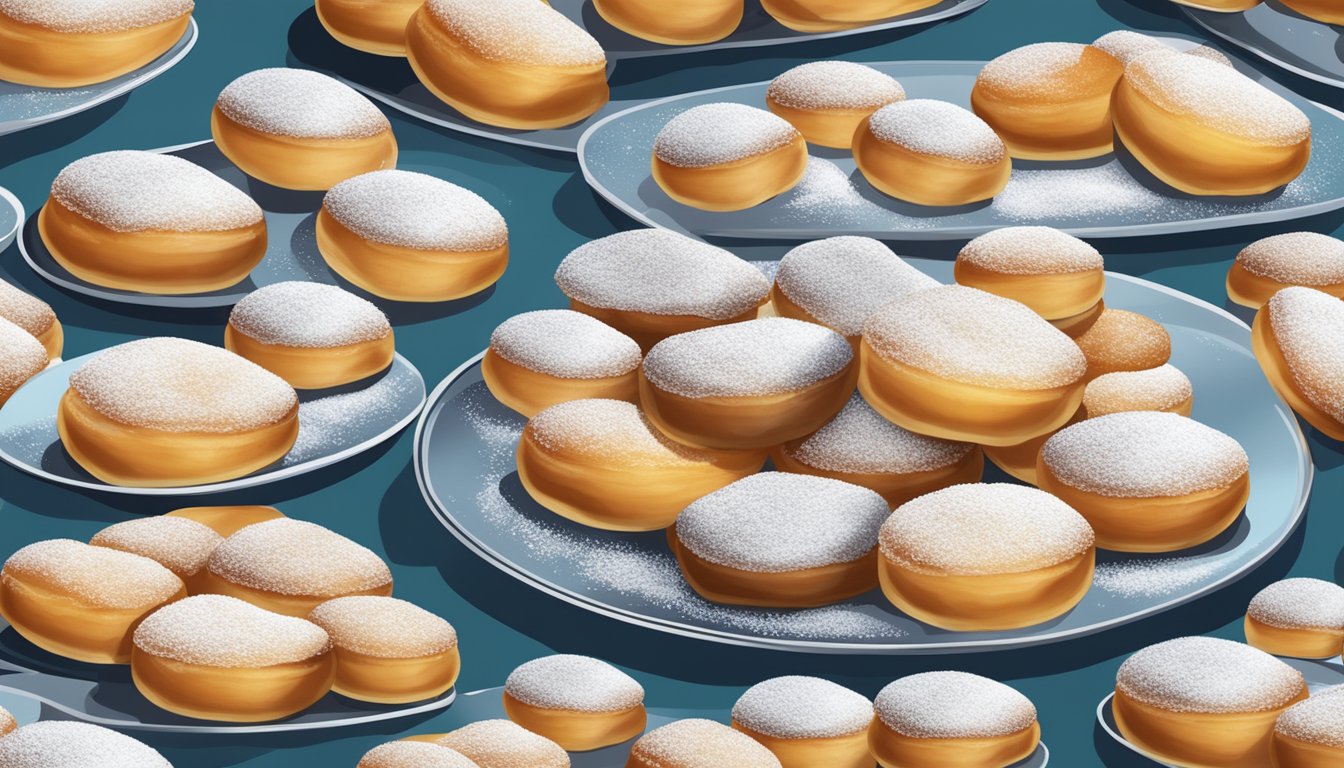 A plate of sufganiyot being filled with jelly and dusted with powdered sugar