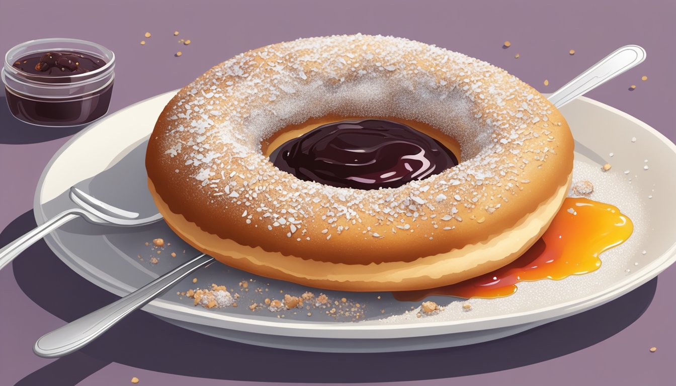 A plate of sufganiyot surrounded by crumbs, with a fork piercing one from the side. A dollop of jam oozes from the center