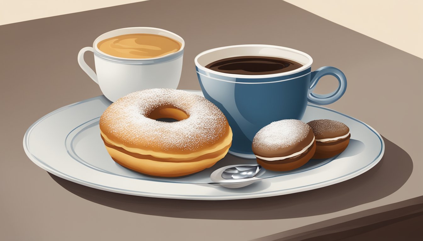 A plate with a sufganiyah and a cup of coffee on a table