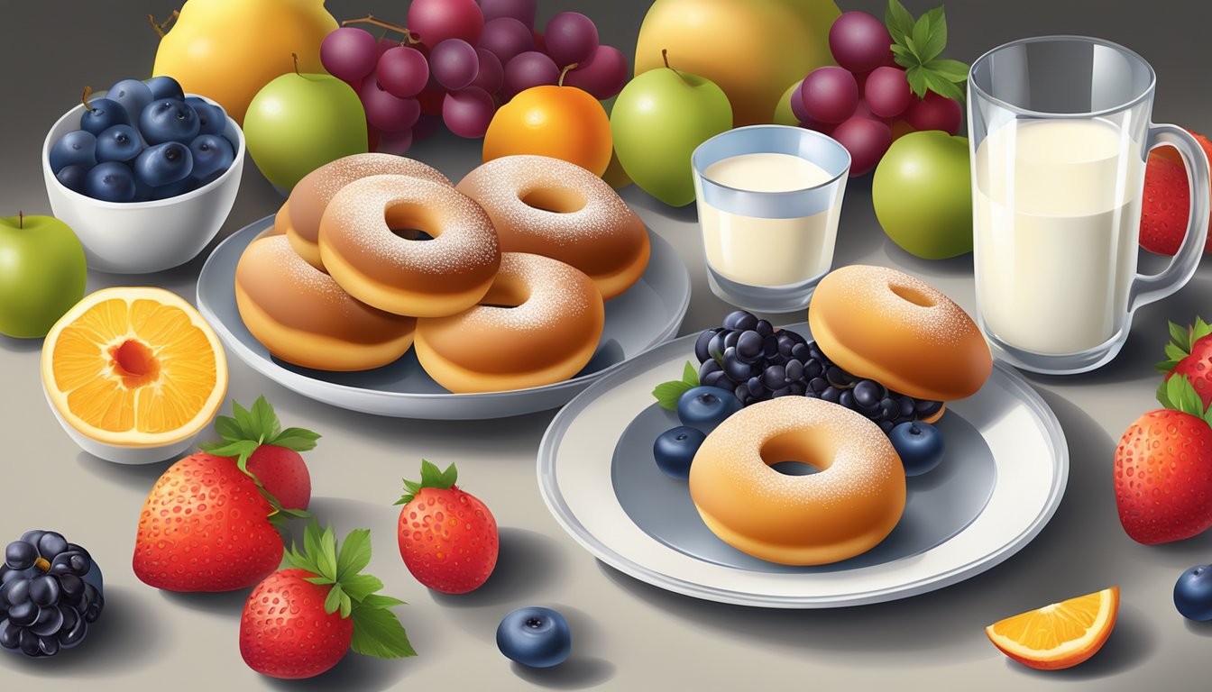 A plate with sufganiyot surrounded by fresh fruit and a glass of milk