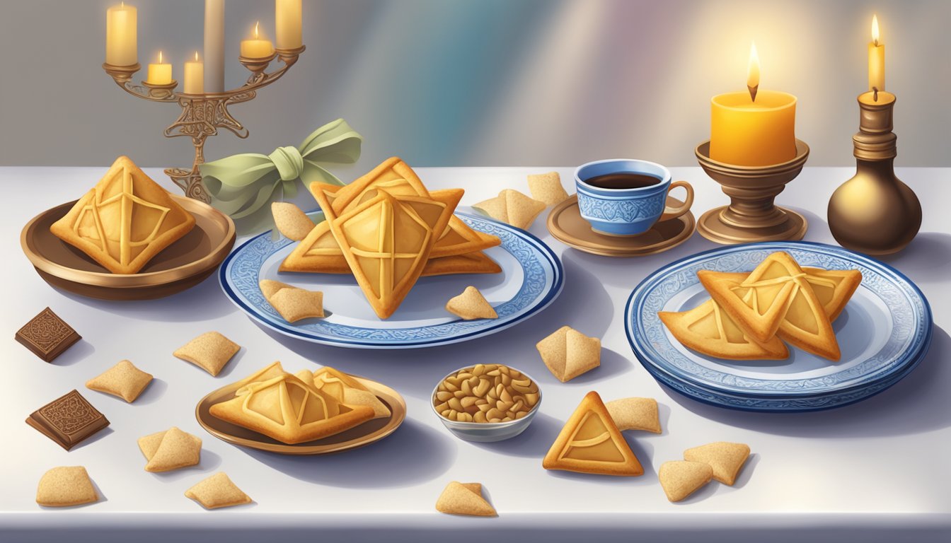 A table set with a plate of hamantaschen surrounded by symbolic items like a menorah and a book of Purim stories