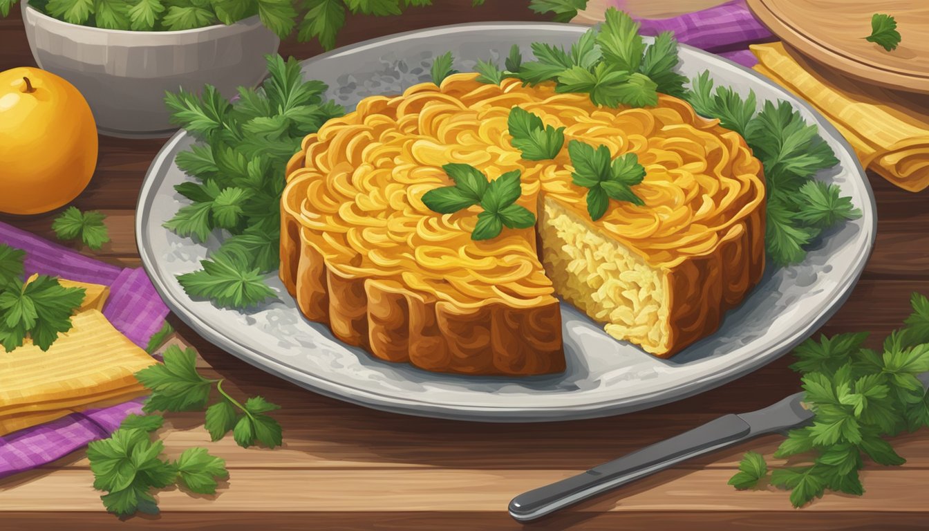 A ceramic dish of kugel sits on a wooden table, surrounded by colorful napkins and garnished with a sprig of fresh herbs