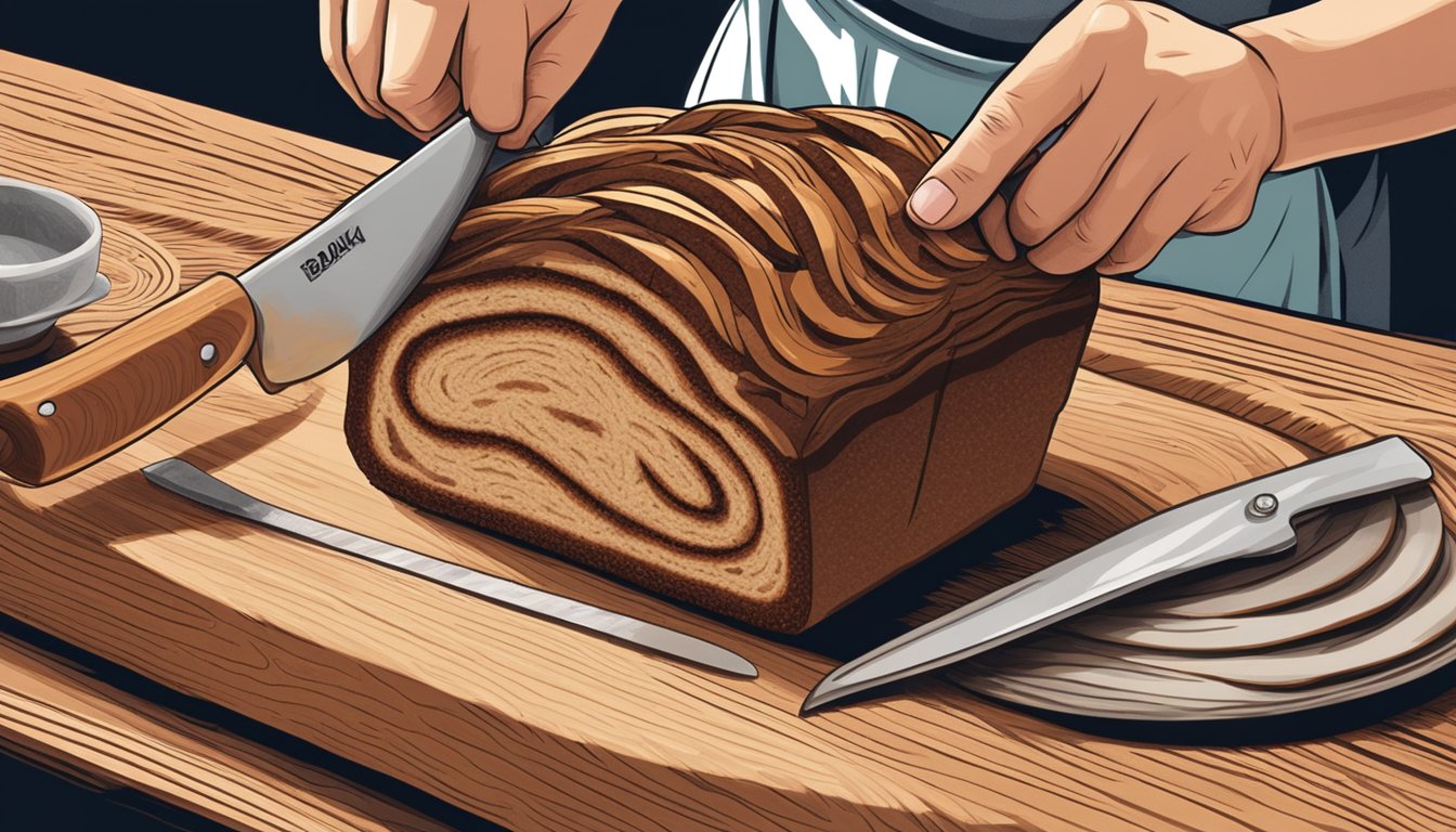 A person slicing a loaf of babka with a serrated knife on a wooden cutting board