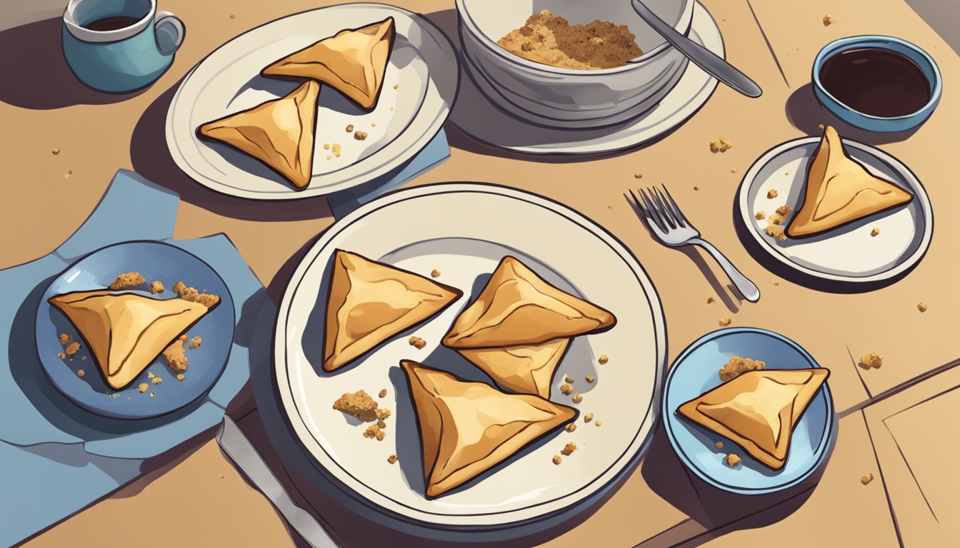 A plate of hamantaschen sits on a table, one with a bite taken out. A fork and knife are nearby, crumbs scattered around