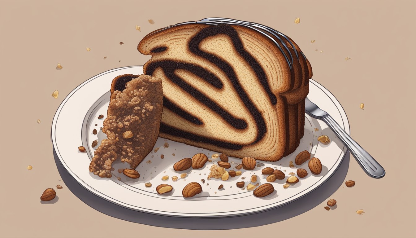 A slice of babka being lifted from a plate with a fork, crumbs falling