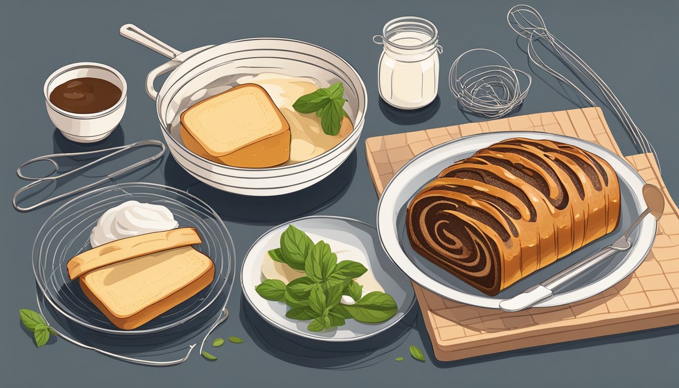 A table set with ingredients and utensils for making babka, with a freshly baked babka cooling on a wire rack nearby