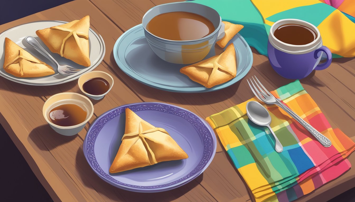 A plate of hamantaschen sits on a table, surrounded by colorful napkins and a cup of tea. A fork is poised to take a bite