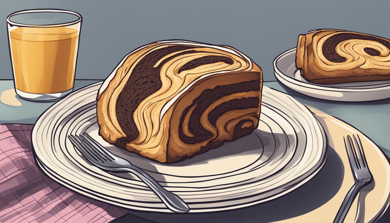 A slice of babka on a plate with a fork beside it, ready to be enjoyed