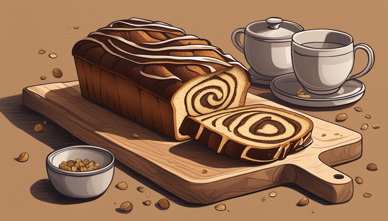 A table with a freshly baked babka sitting on a wooden cutting board, surrounded by scattered crumbs and a few scattered slices