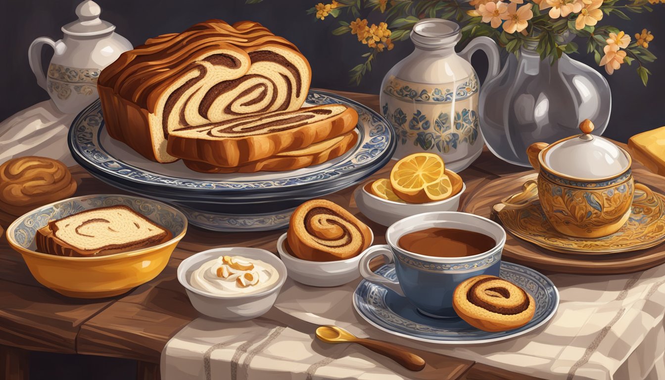 A table with a freshly baked babka surrounded by traditional Eastern European decor and utensils