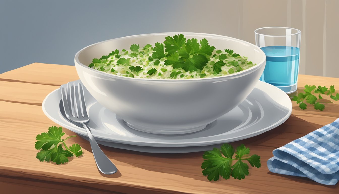 A bowl of kasha varnishkes topped with fresh parsley, next to a fork and a glass of water on a wooden table