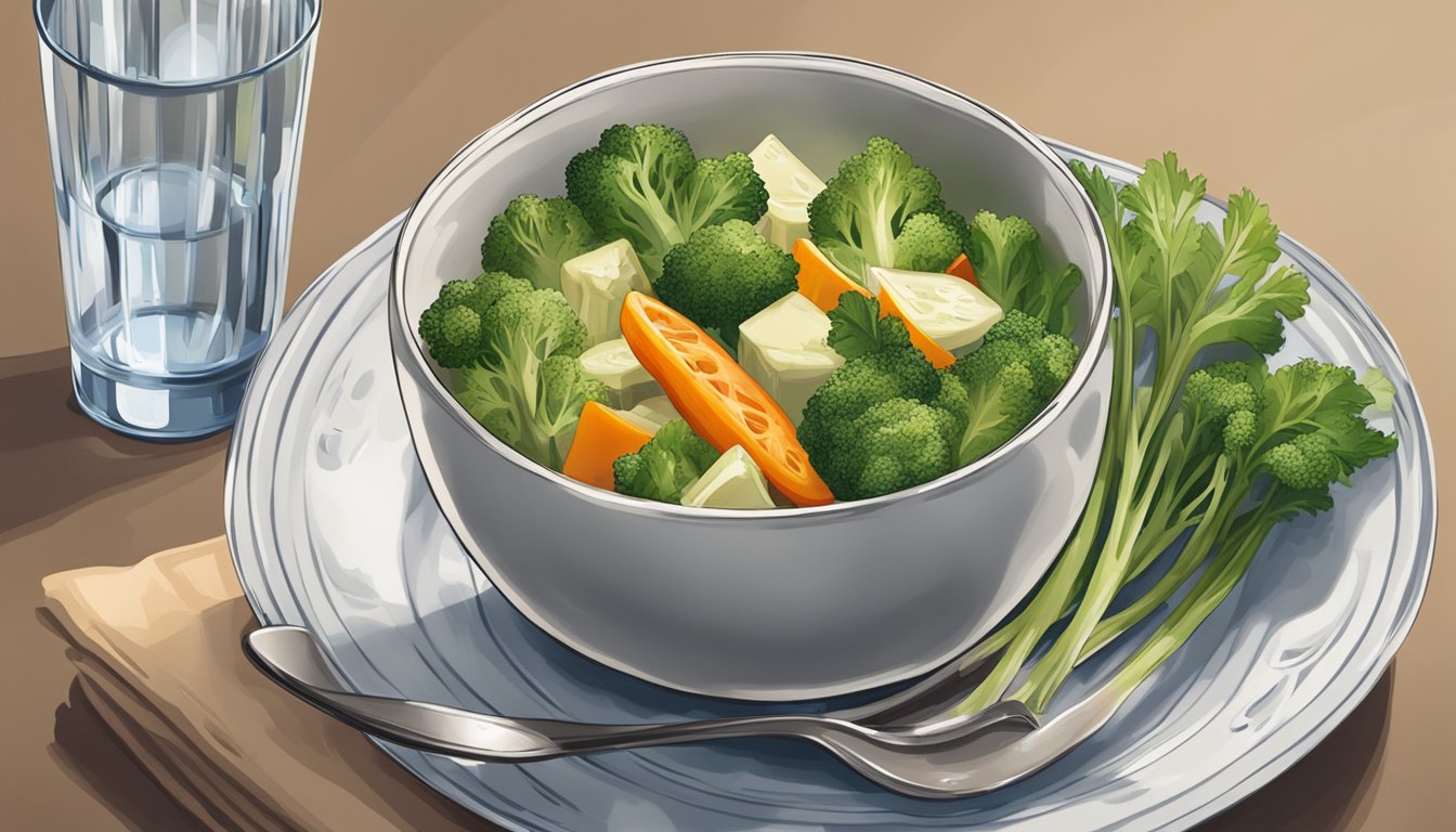 A bowl of kasha varnishkes with a side of steamed vegetables and a glass of water