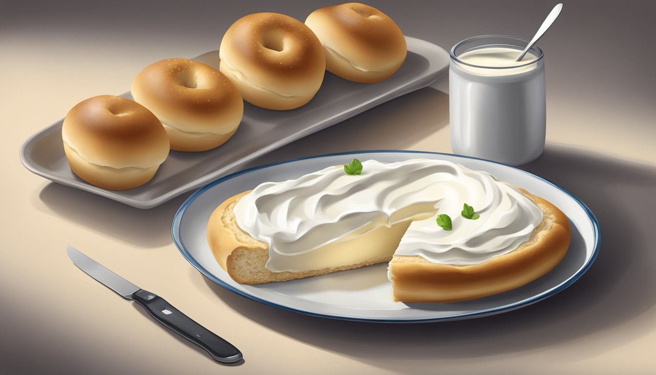 A bialy resting on a plate, with a spread of cream cheese and a knife nearby