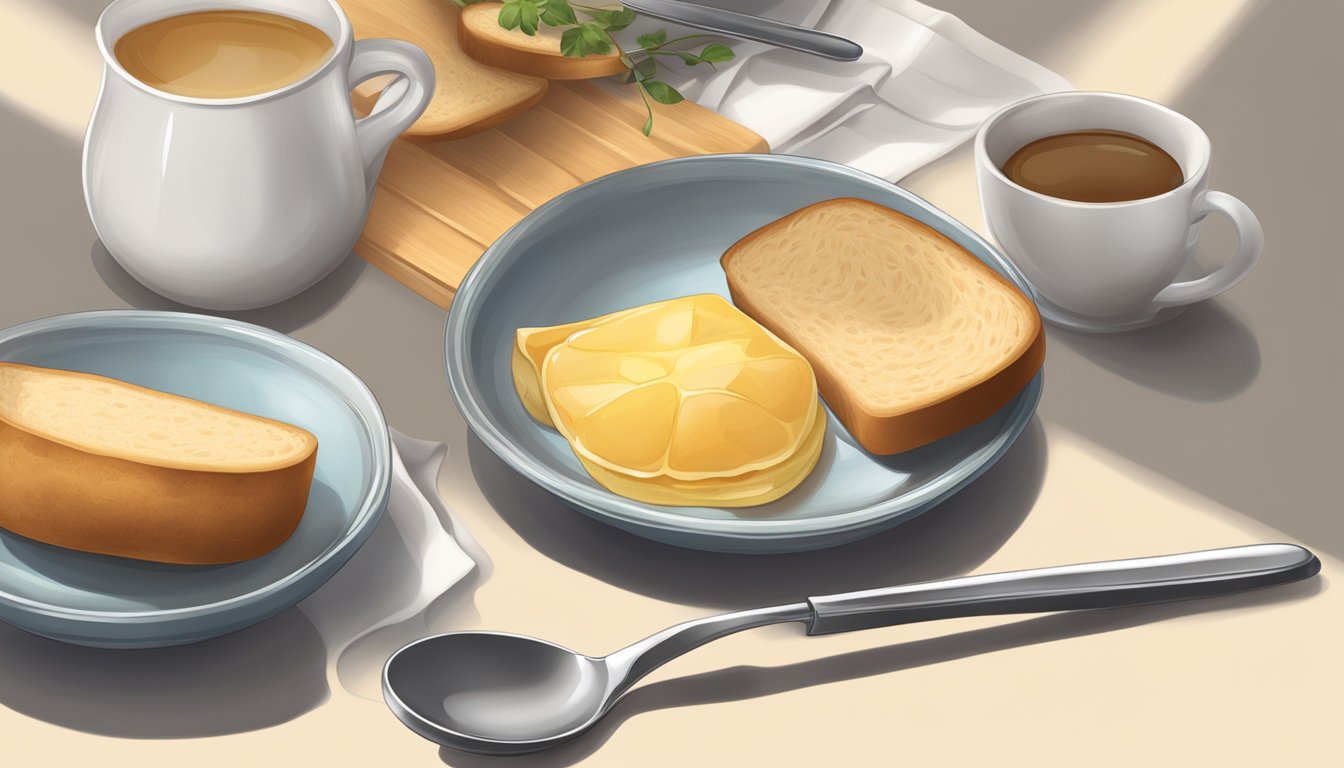 A table set with a bowl of ptcha, a spoon, and a slice of bread