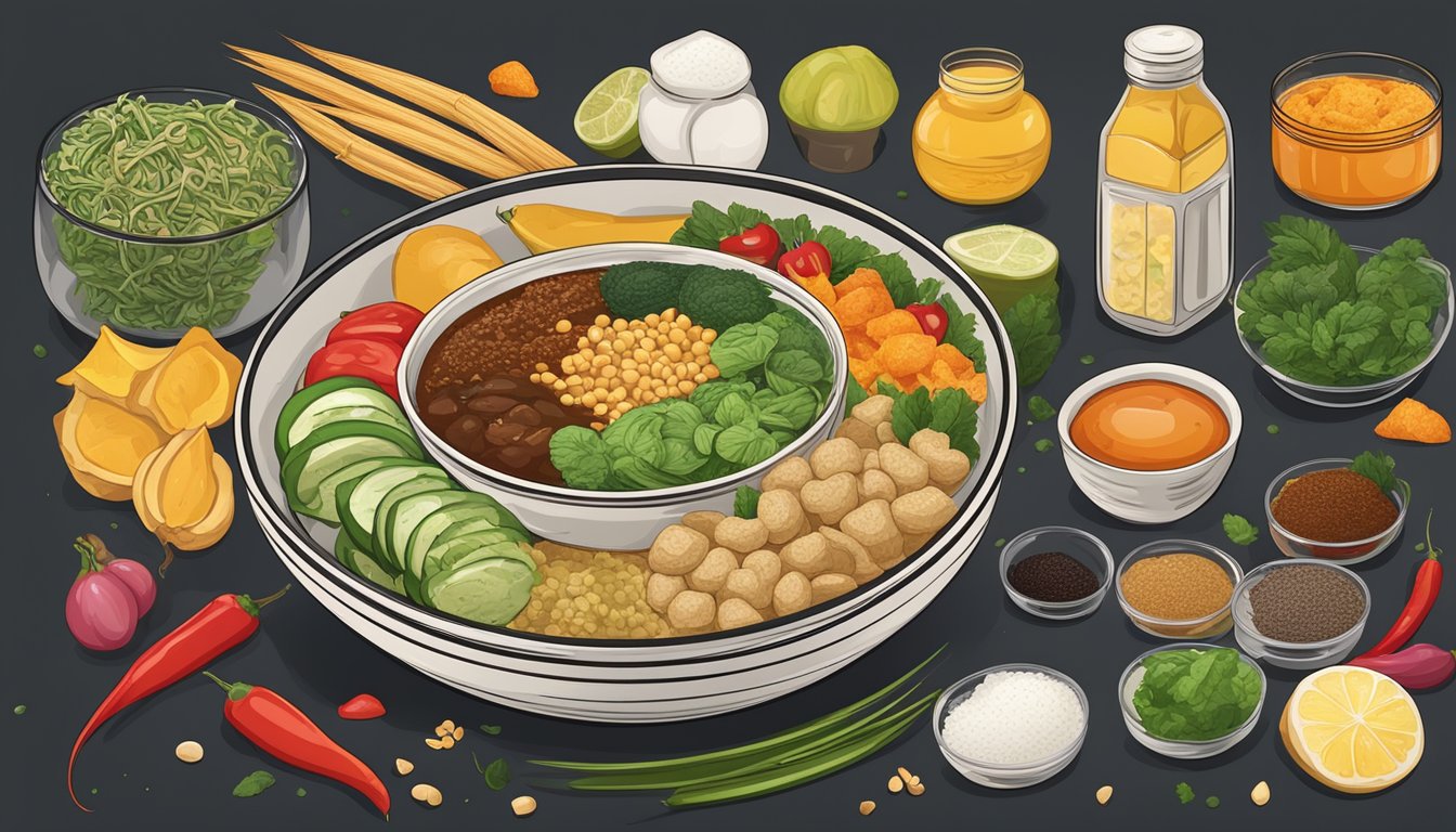 A bowl of ptcha surrounded by various ingredients and condiments for customization