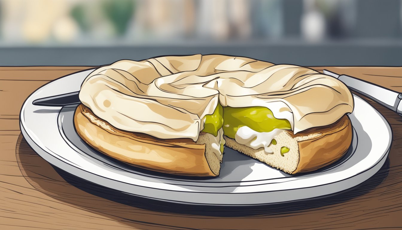 A bialy sits on a plate, with a knife spreading cream cheese on it. A bite has been taken out of one side