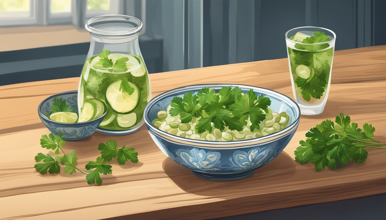 A bowl of kasha varnishkes topped with fresh parsley and served with a side of pickles and a glass of water