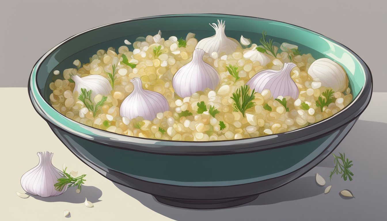 A bowl of gelatinous ptcha surrounded by chopped onions, garlic, and vinegar, with a spoon resting on the side