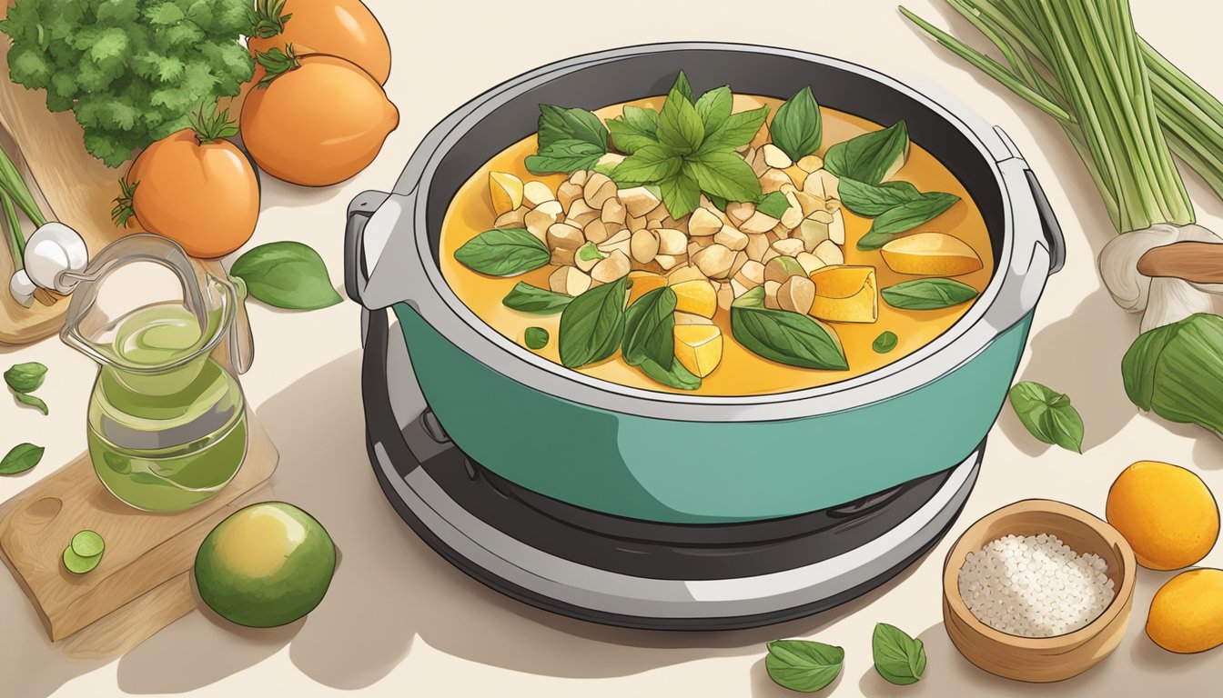 A bowl of ptcha surrounded by ingredients, being prepared on a stovetop