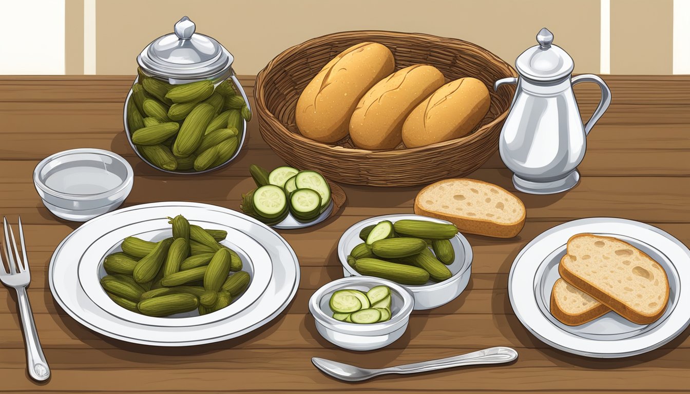 A table set with traditional ptcha dish, accompanied by pickles and bread