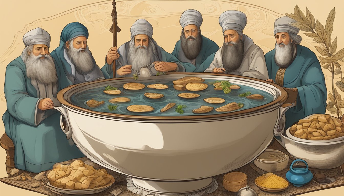 A family of kreplach floating in a bowl of steaming broth, surrounded by traditional Jewish symbols and artifacts