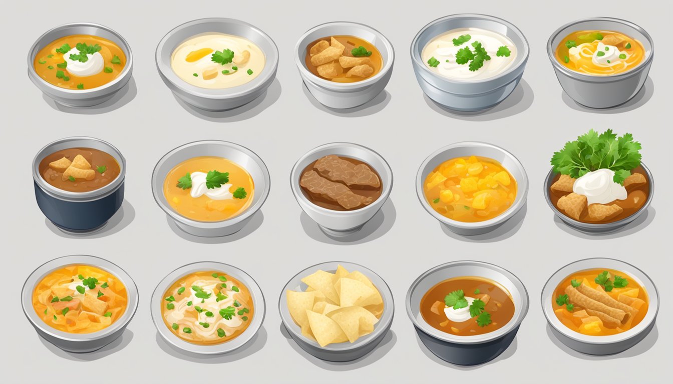 A bowl of kreplach soup with a side of sour cream and variations of fillings such as beef, chicken, or potato