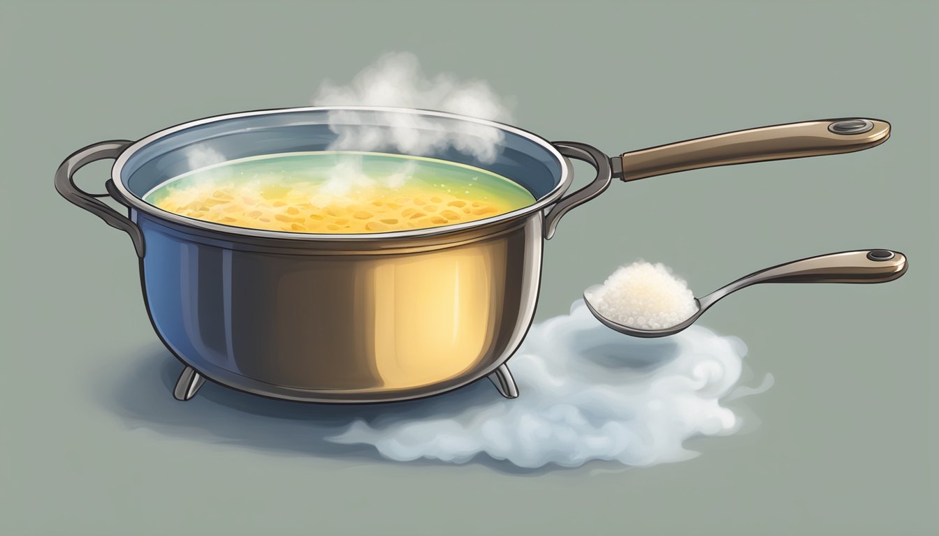 A pot of boiling water with kreplach floating inside, a spoon resting on the edge, and a steam rising from the pot