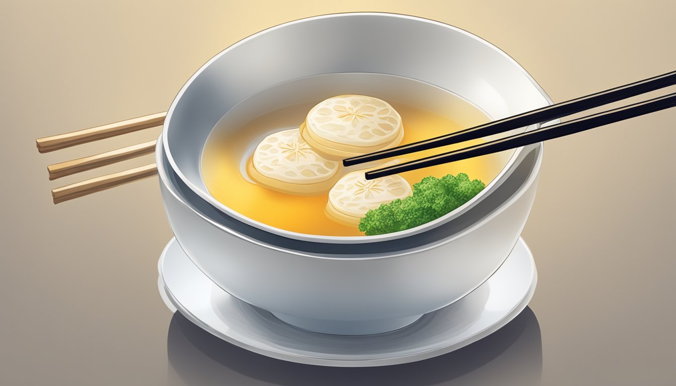 A pair of chopsticks lifting a steaming kreplach from a bowl of clear broth