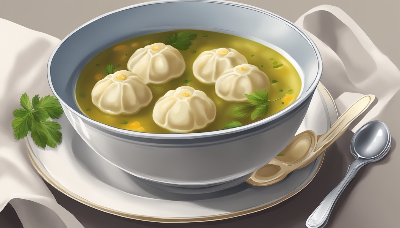 A bowl of kreplach soup with a spoon resting on the side. A napkin and a small plate with a few kreplach dumplings on it